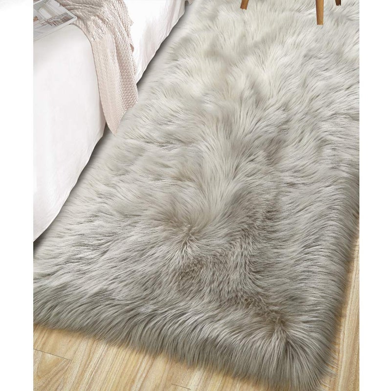 LOCHAS Soft Fluffy Faux Fur Rugs for Bedroom Bedside Rug 2x4 Feet, Washable, Furry Sheepskin Area Rug for Living Room Girls Room, Luxury Shag Carpet Home Decor, Beige - Image 1
